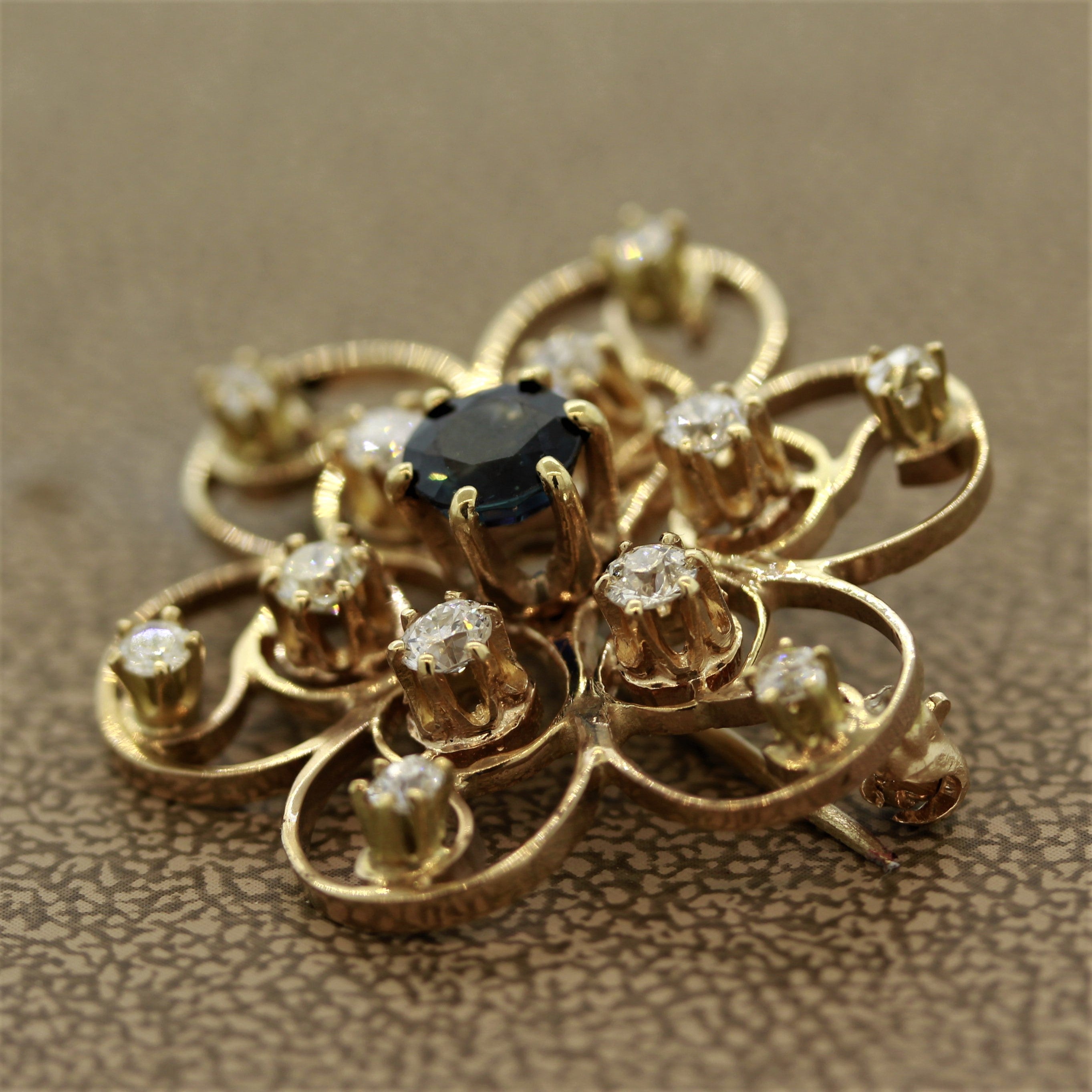 Sapphire Diamond Gold Flower Brooch 1.65CTW