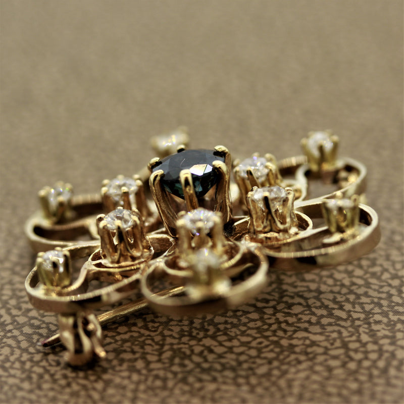 Sapphire Diamond Gold Flower Brooch 1.65CTW