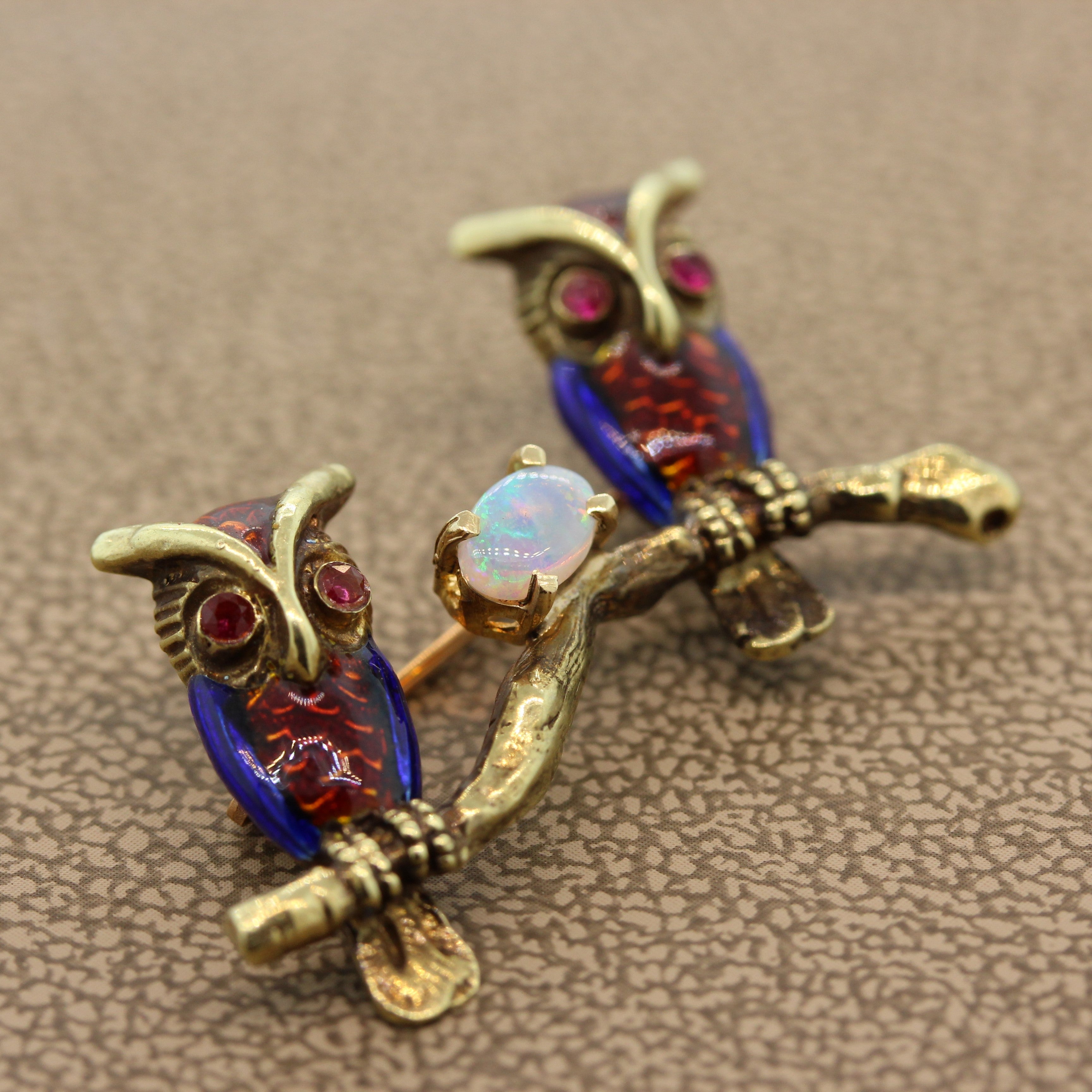 Opal Ruby Enamel Owl Gold Pin-Brooch