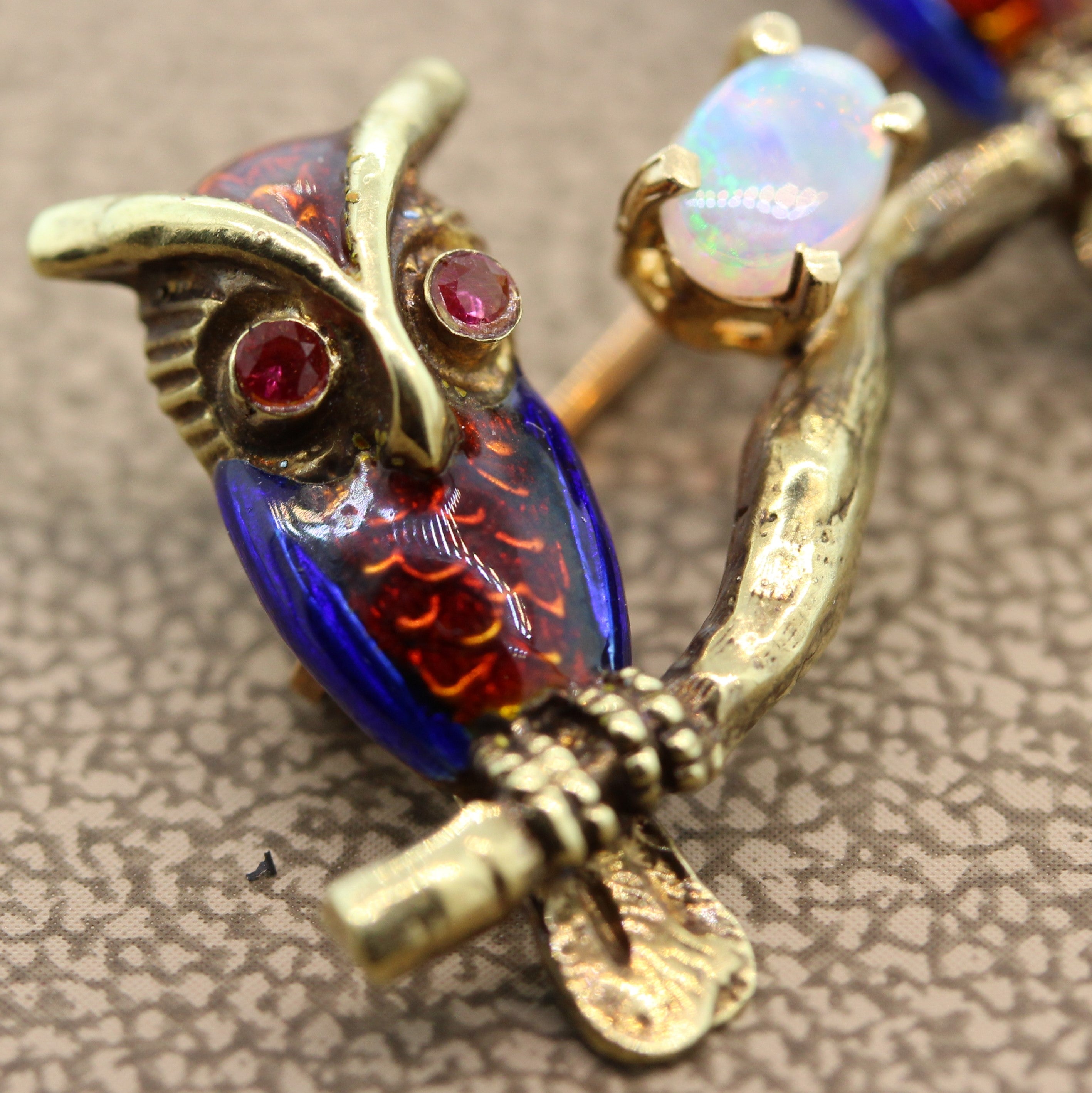 Opal Ruby Enamel Owl Gold Pin-Brooch