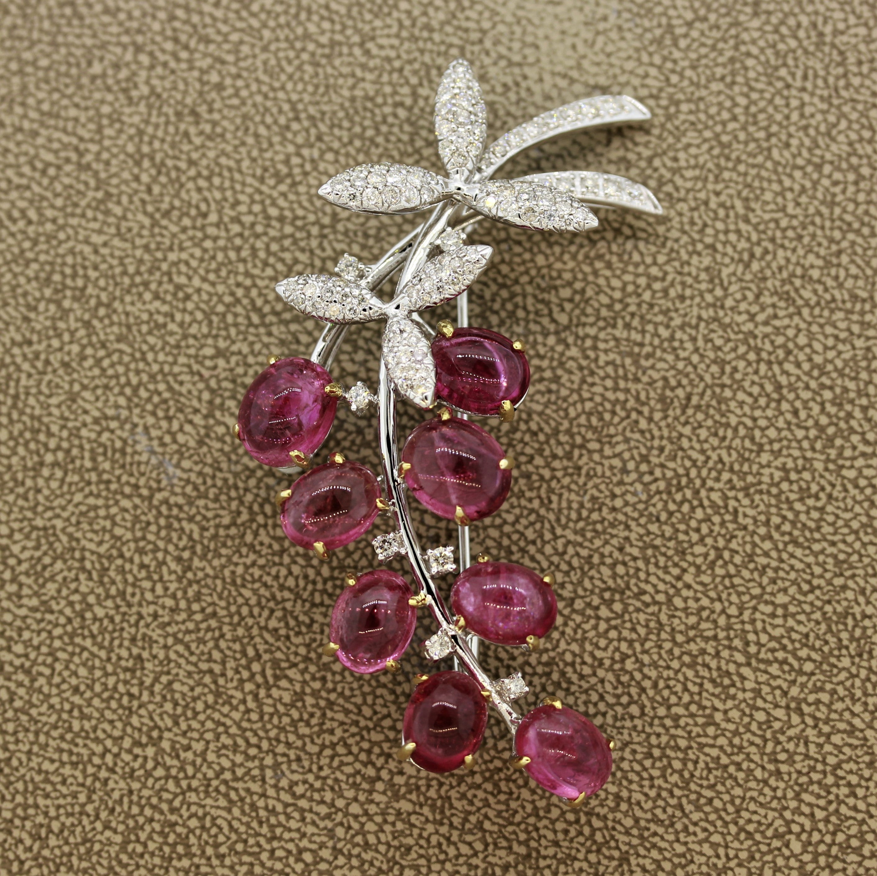 Tourmaline Cabochon “Berries” Diamond Gold Brooch