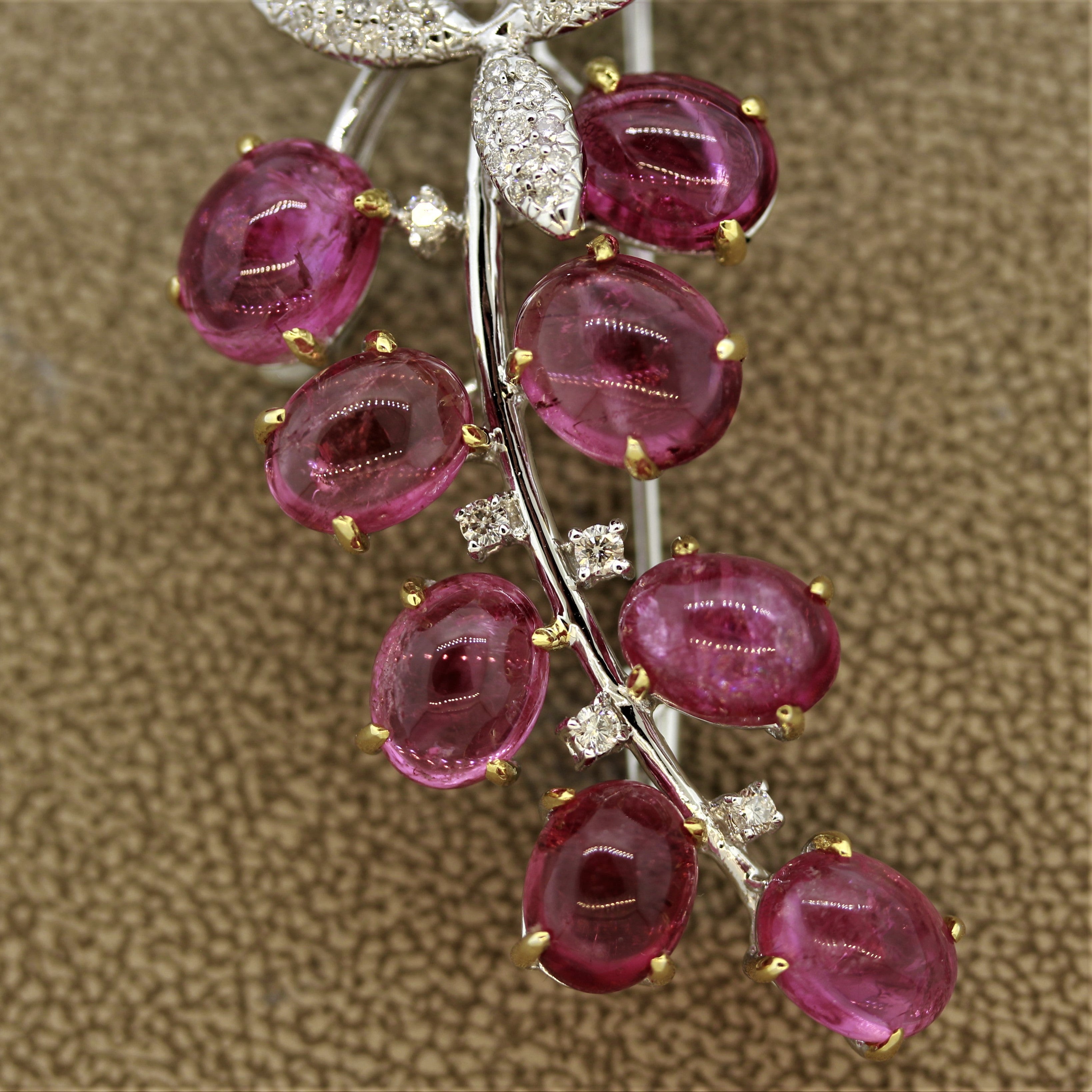 Tourmaline Cabochon “Berries” Diamond Gold Brooch