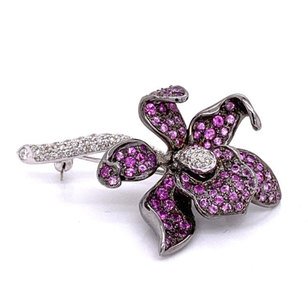 Diamond Pink Sapphire Gold Orchid Pin Brooch