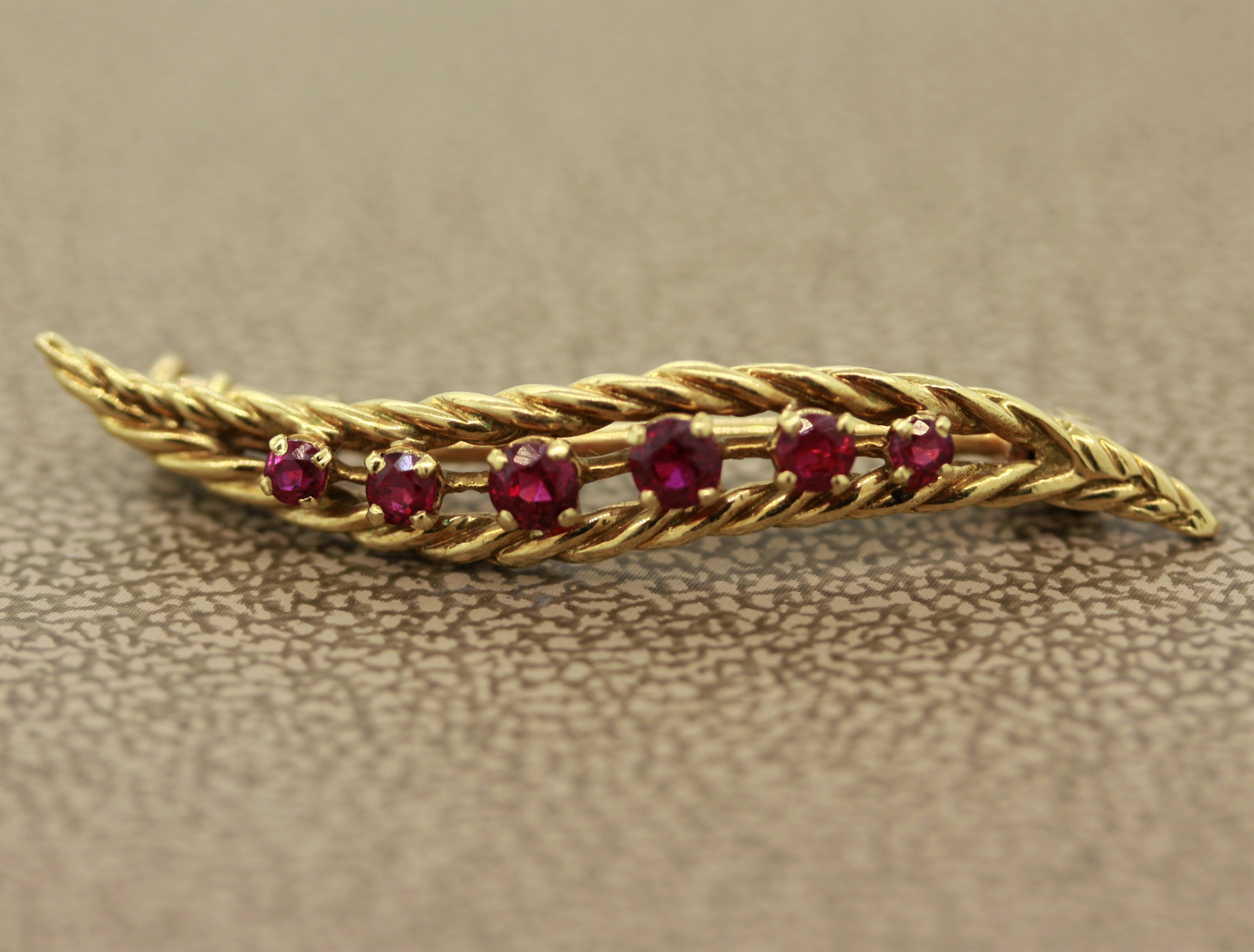 French Ruby Gold Feather Pin-Brooch