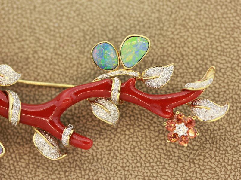 Magnificent Coral Branch Opal Diamond Sapphire Brooch