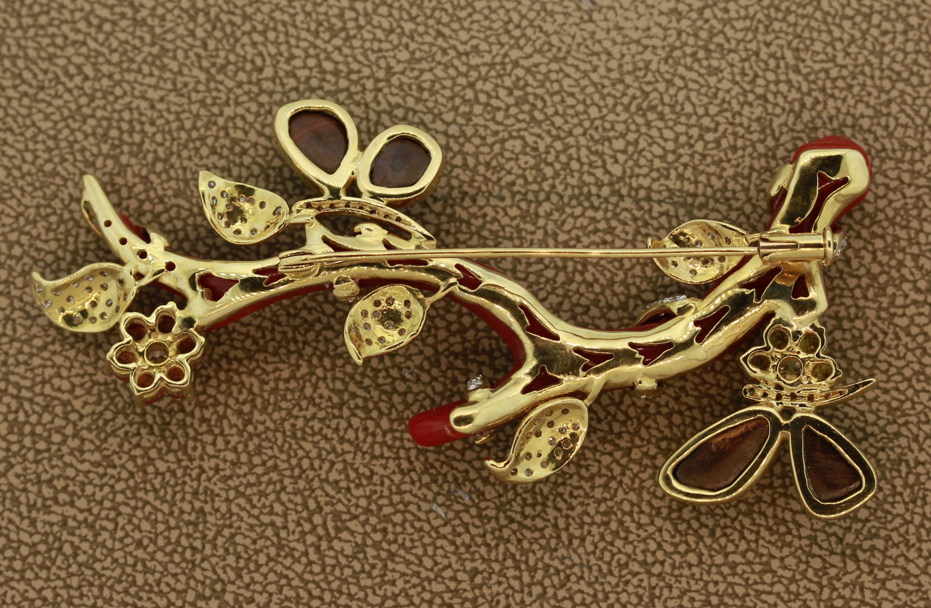 Magnificent Coral Branch Opal Diamond Sapphire Brooch