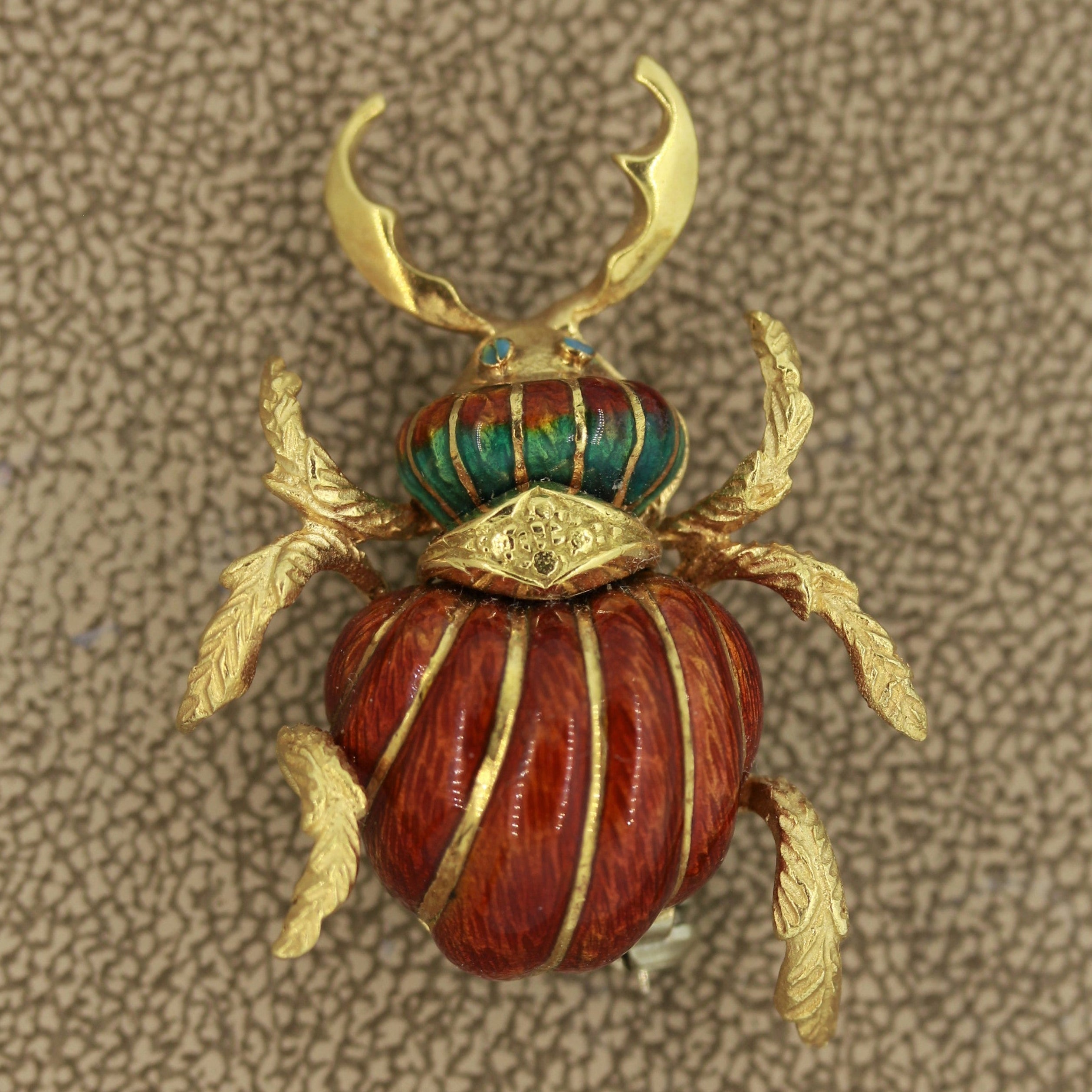 Mid-Century Italian Enameled Gold Horned-Beetle Pin Brooch