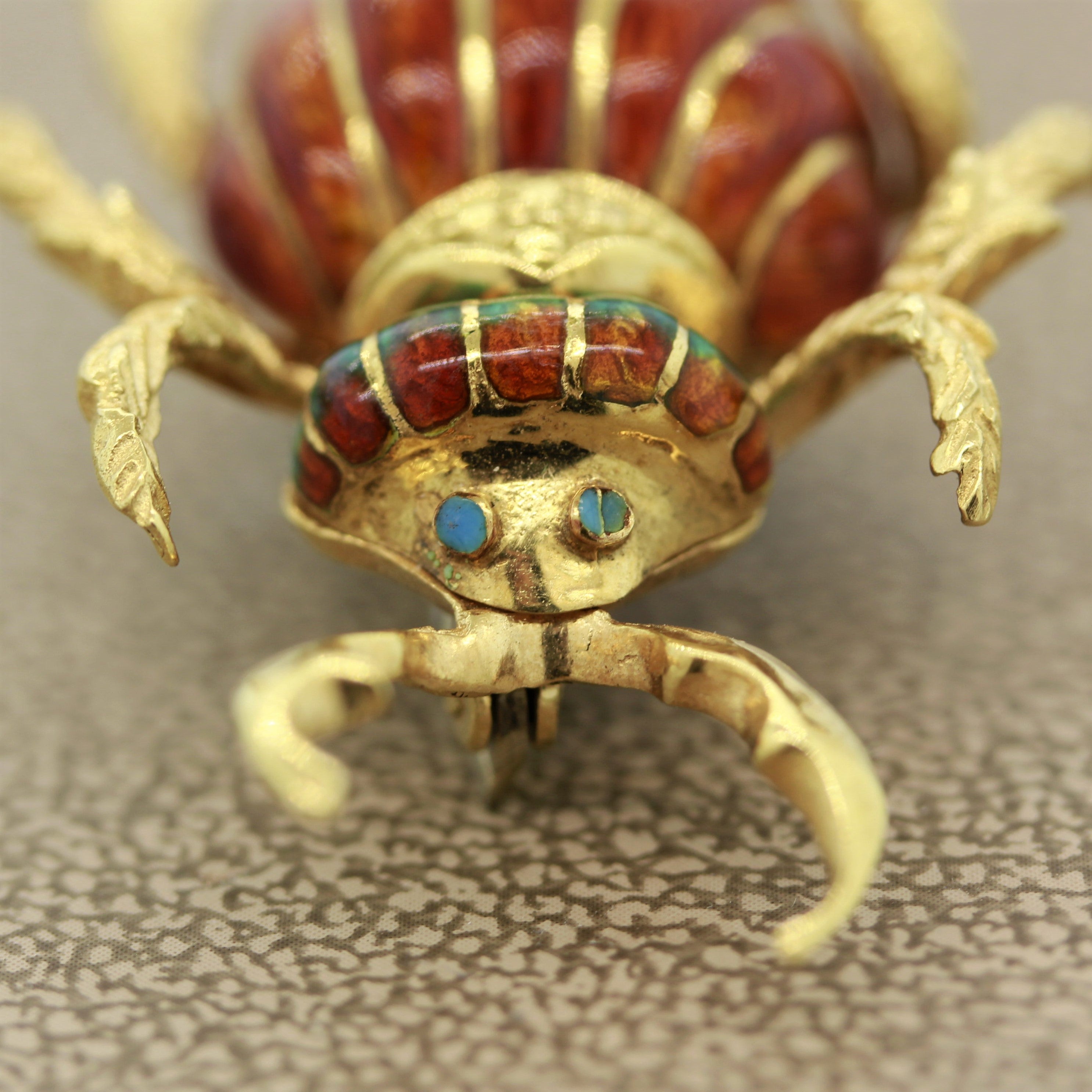 Mid-Century Italian Enameled Gold Horned-Beetle Pin Brooch