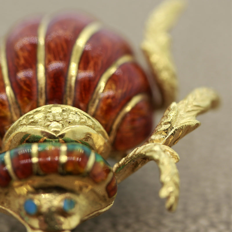 Mid-Century Italian Enameled Gold Horned-Beetle Pin Brooch