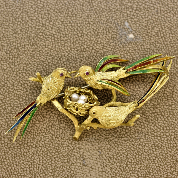 Italian Enamel Seed-Pearl Bird Nest Gold Brooch