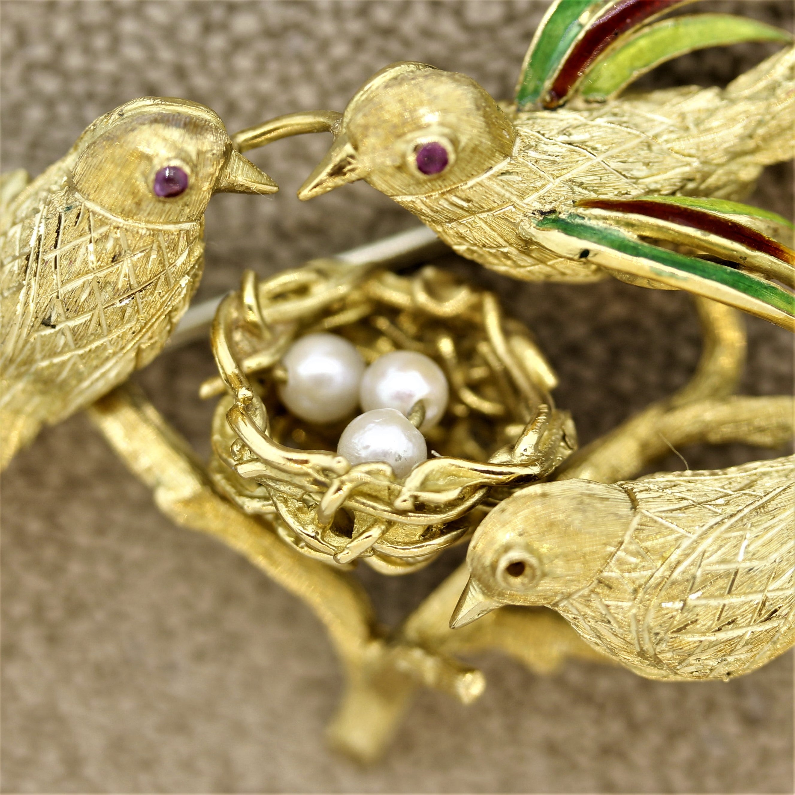 Italian Enamel Seed-Pearl Bird Nest Gold Brooch