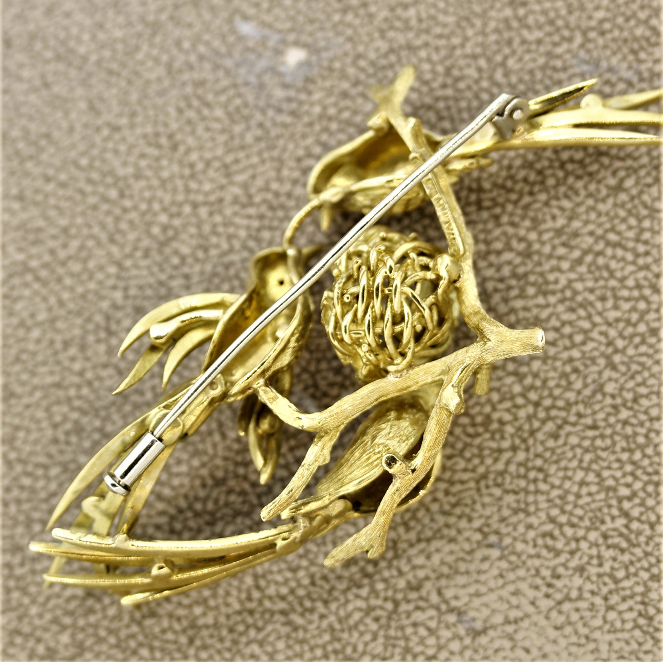 Italian Enamel Seed-Pearl Bird Nest Gold Brooch