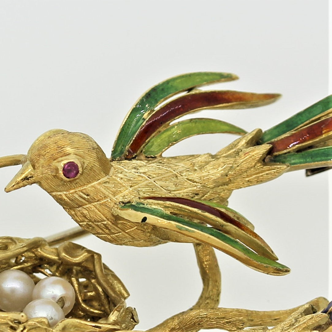 Italian Enamel Seed-Pearl Bird Nest Gold Brooch