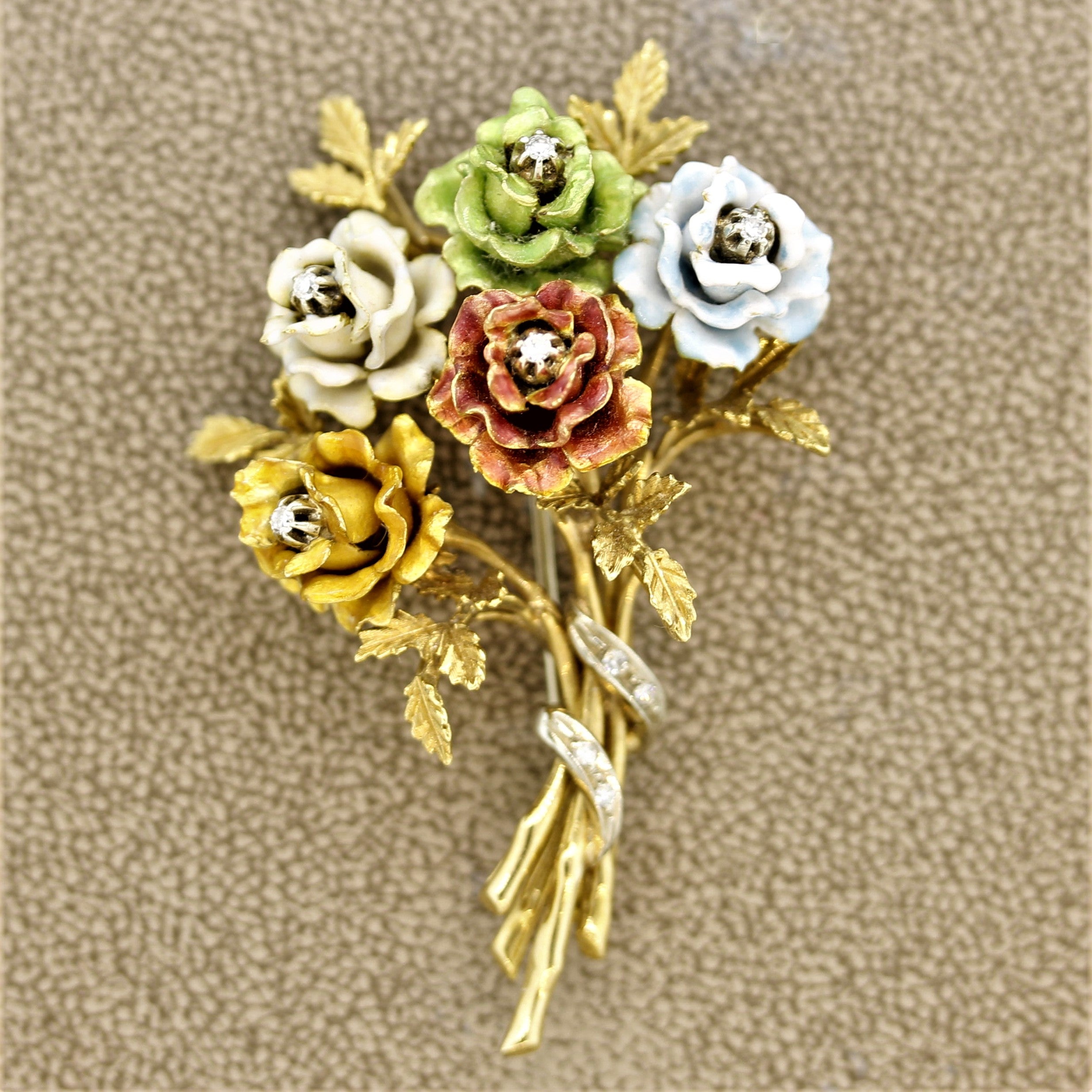 Italian Gold Enameled Rose Bouquet Diamond Brooch