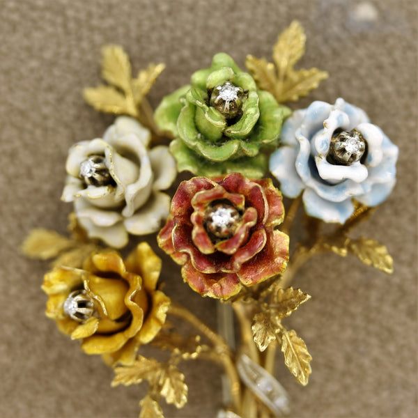 Italian Gold Enameled Rose Bouquet Diamond Brooch