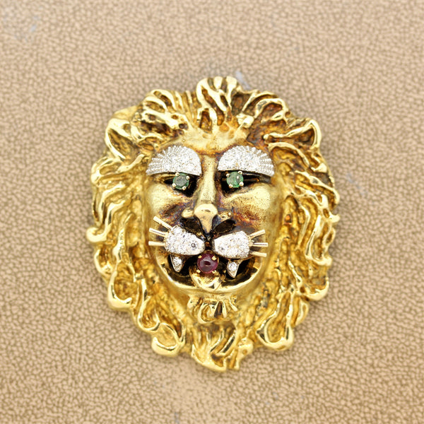 Hammerman Brothers Diamond Ruby Emerald Gold Lion Brooch