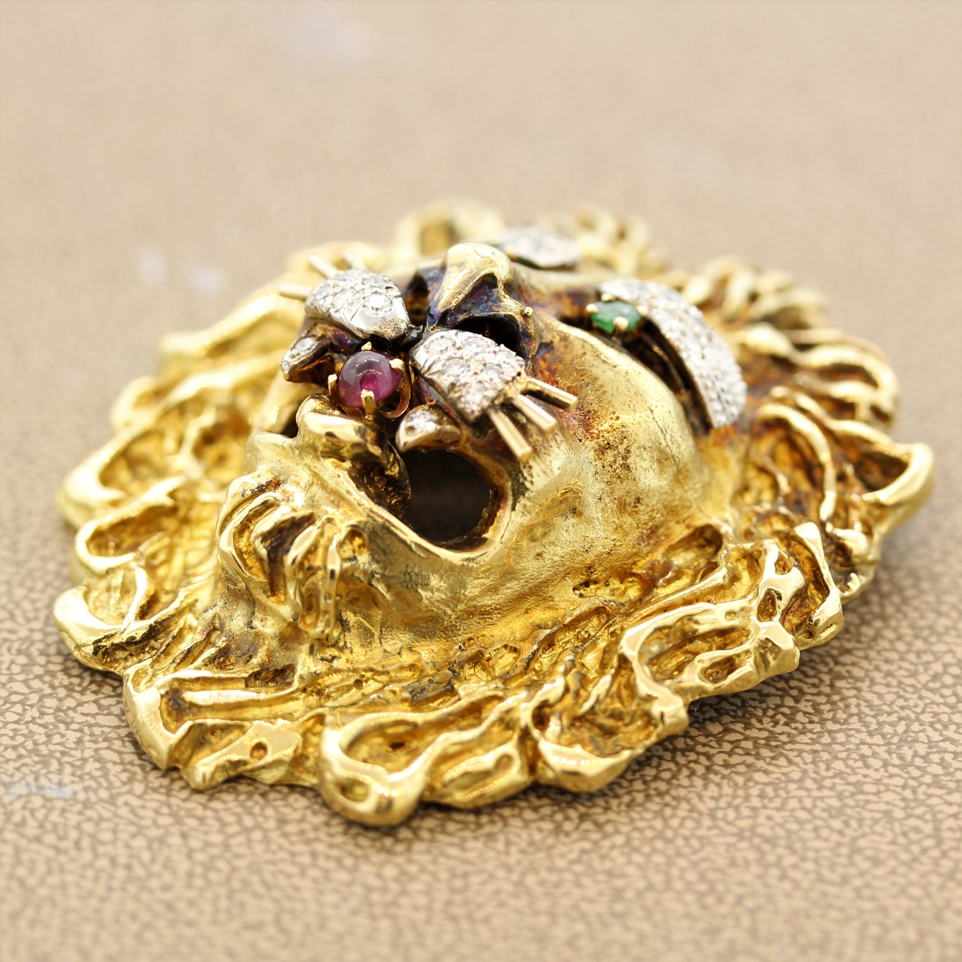 Hammerman Brothers Diamond Ruby Emerald Gold Lion Brooch