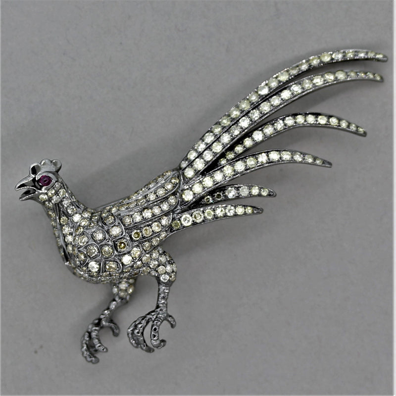 Fancy Colored Diamond Ruby Gold Rooster Brooch