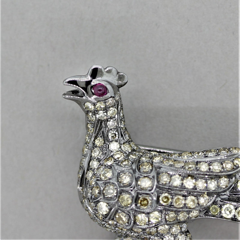Fancy Colored Diamond Ruby Gold Rooster Brooch