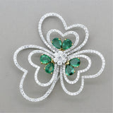 Large Emerald Diamond Gold Heart Flower Brooch