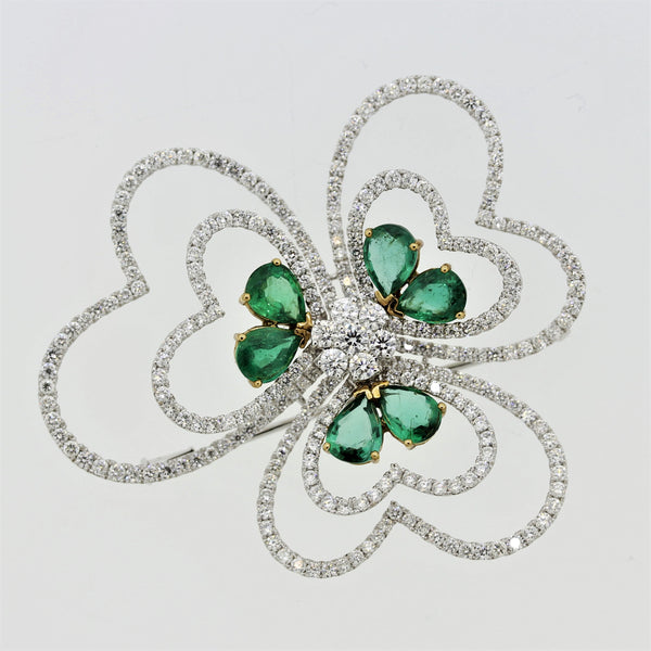 Large Emerald Diamond Gold Heart Flower Brooch