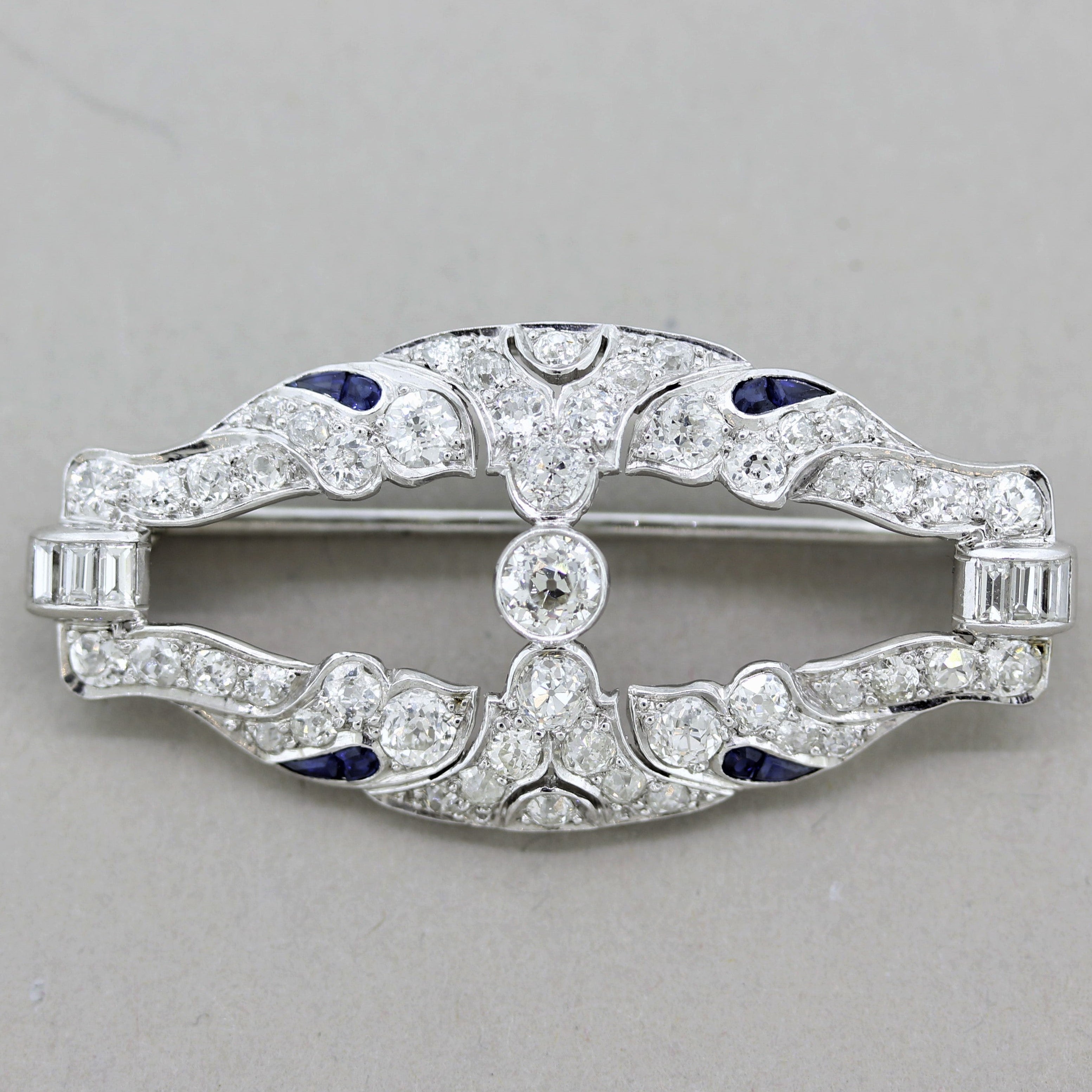 Lambert-Bros Art Deco Diamond Sapphire Platinum Brooch