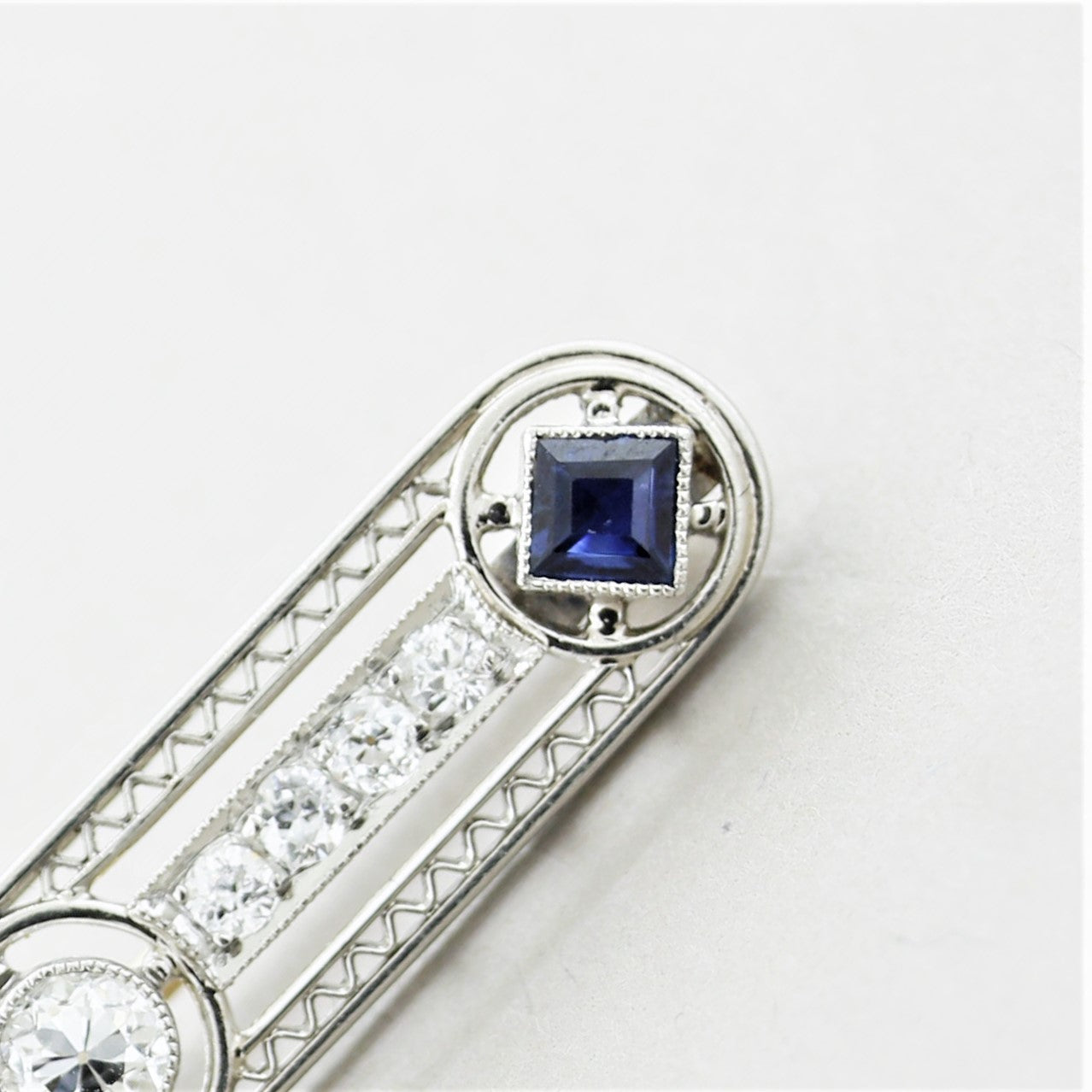 Art Deco Diamond Sapphire Platinum Pin Brooch