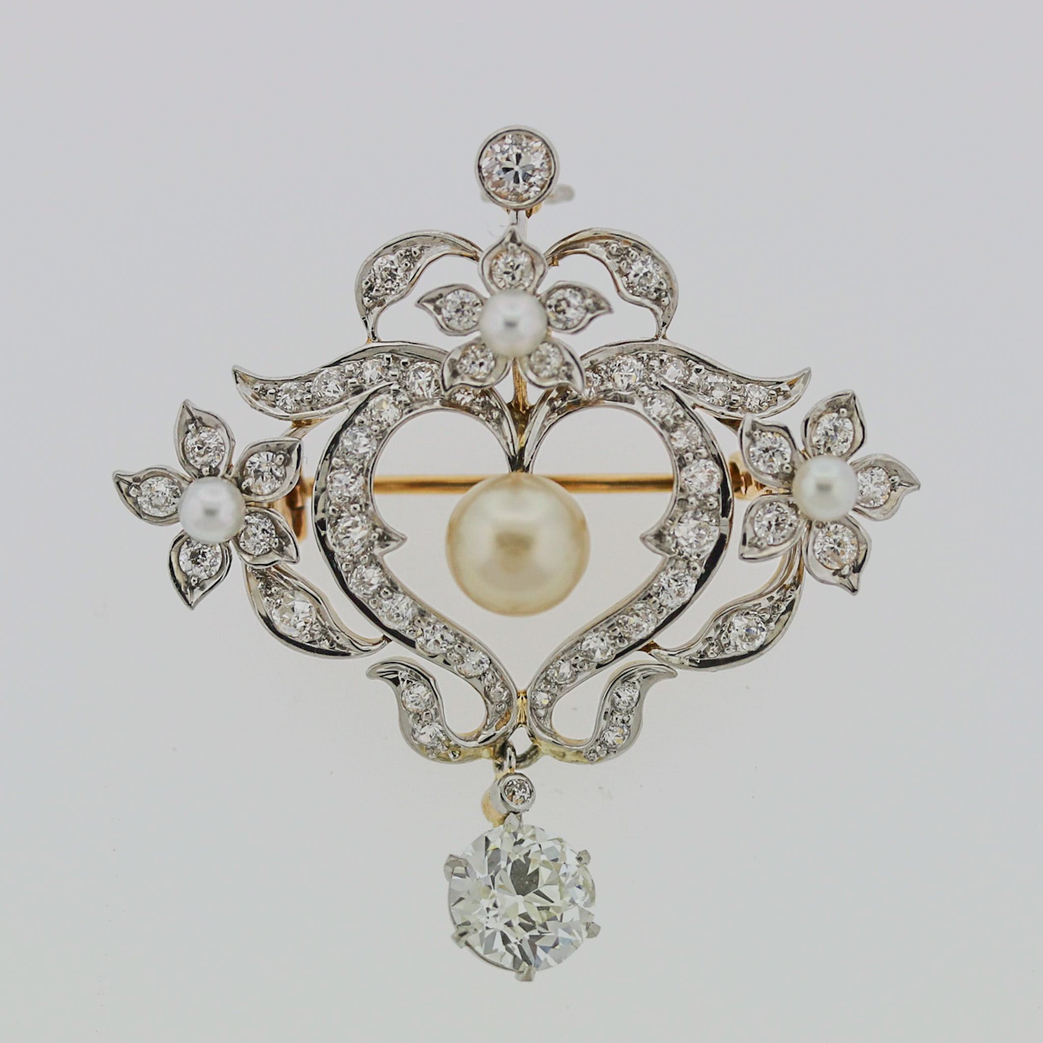 Antique Edwardian Natural Pearl Diamond Gold Drop Pendant Brooch, GIA Certified