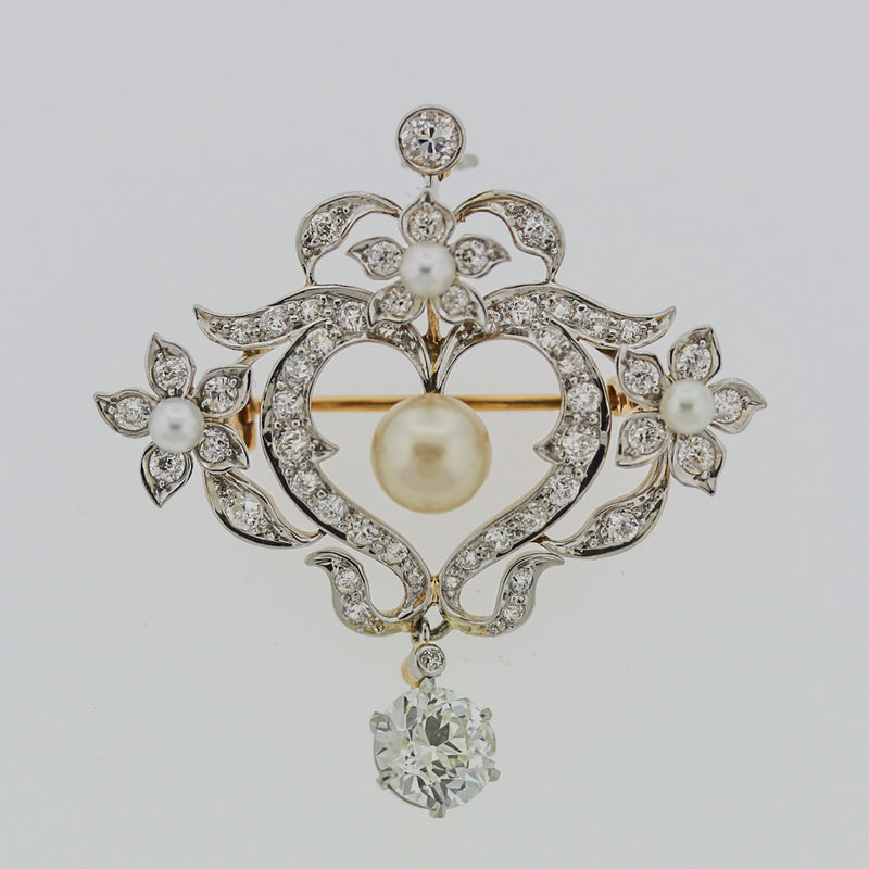 Antique Edwardian Natural Pearl Diamond Gold Drop Pendant Brooch, GIA Certified
