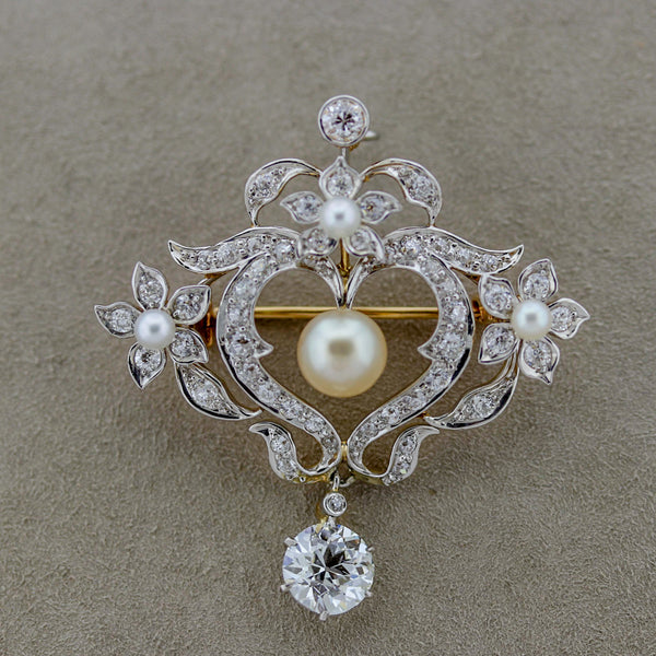 Antique Edwardian Natural Pearl Diamond Gold Drop Pendant Brooch, GIA Certified