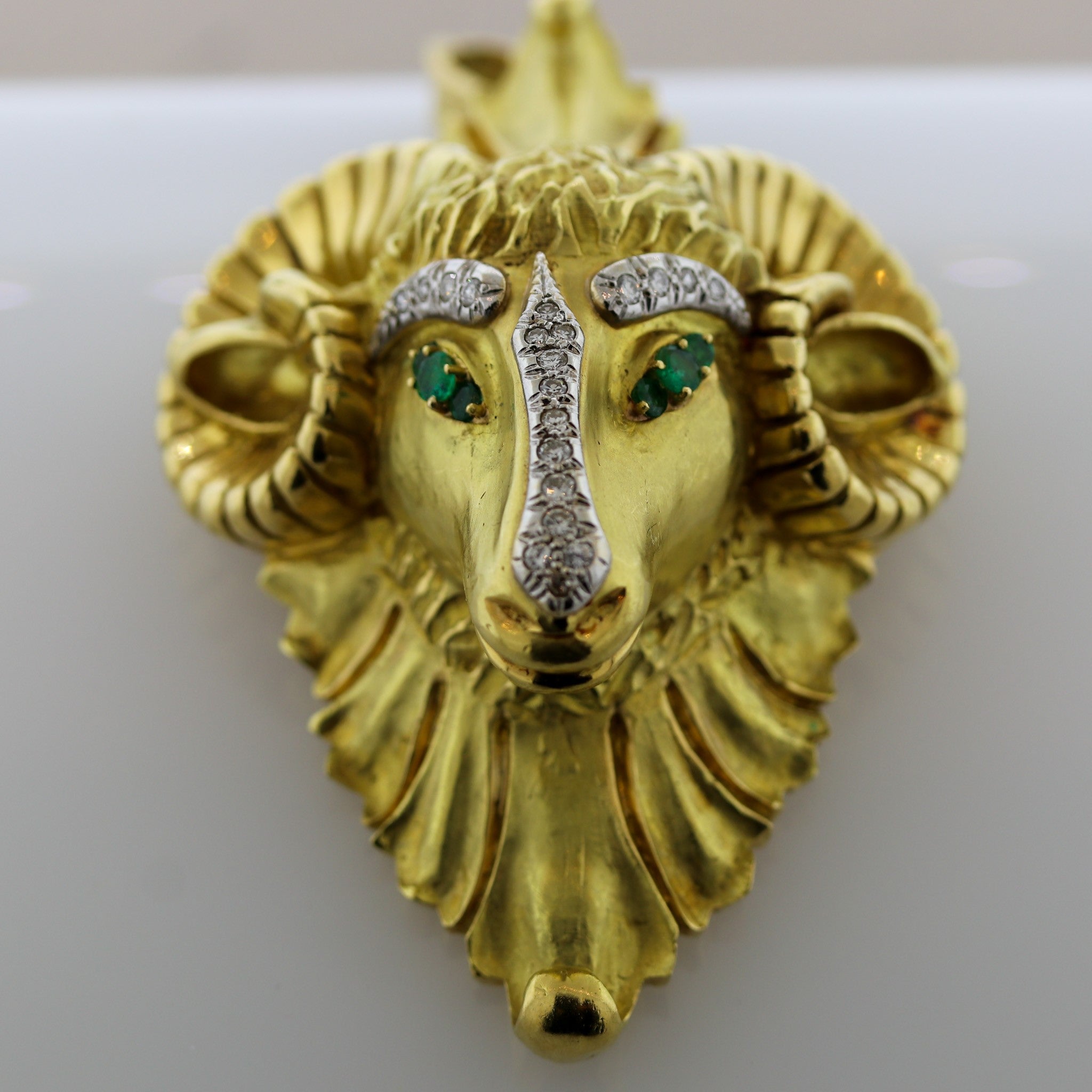 Hammerman Brothers Diamond Emerald Gold Rams Head Pendant-Brooch