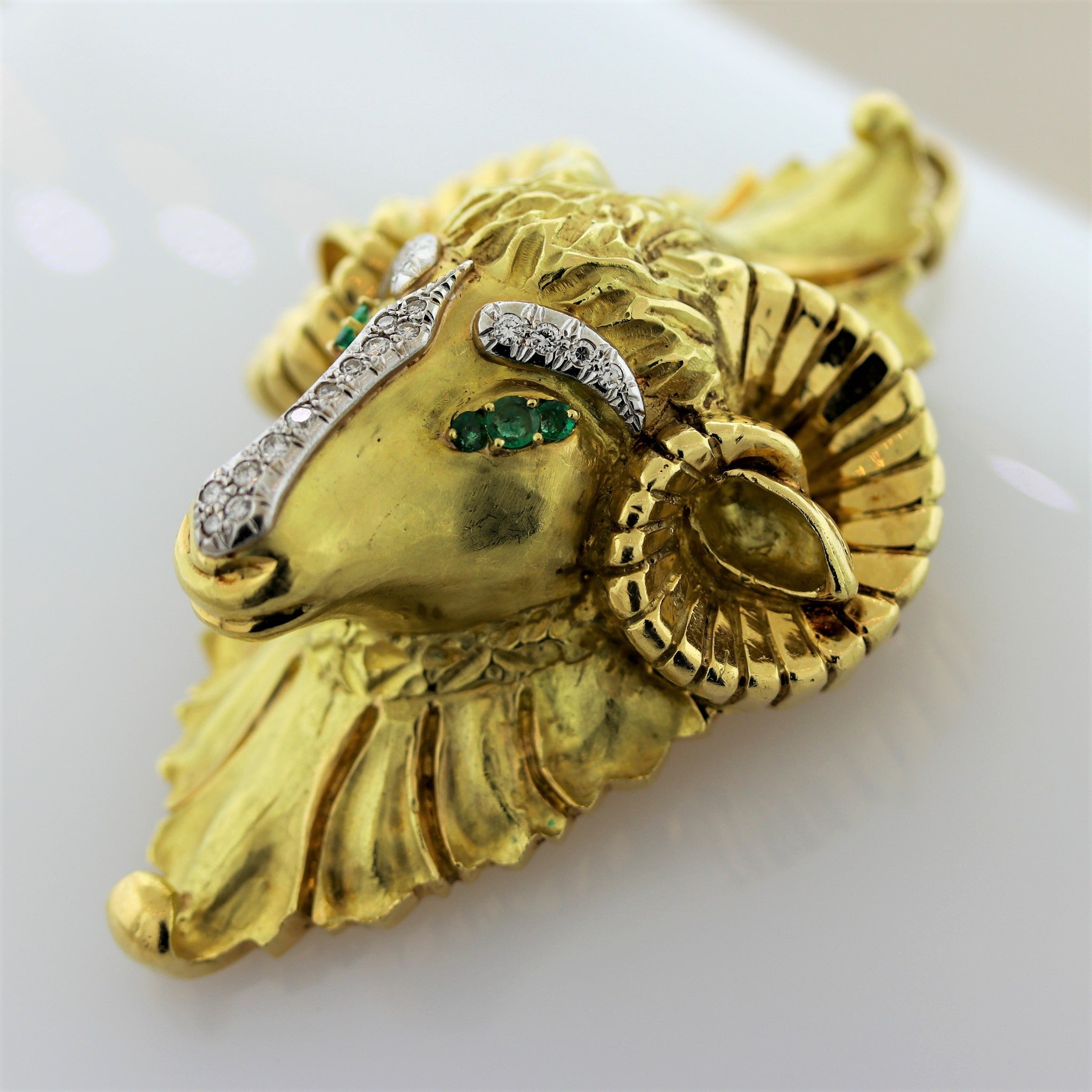 Hammerman Brothers Diamond Emerald Gold Rams Head Pendant-Brooch