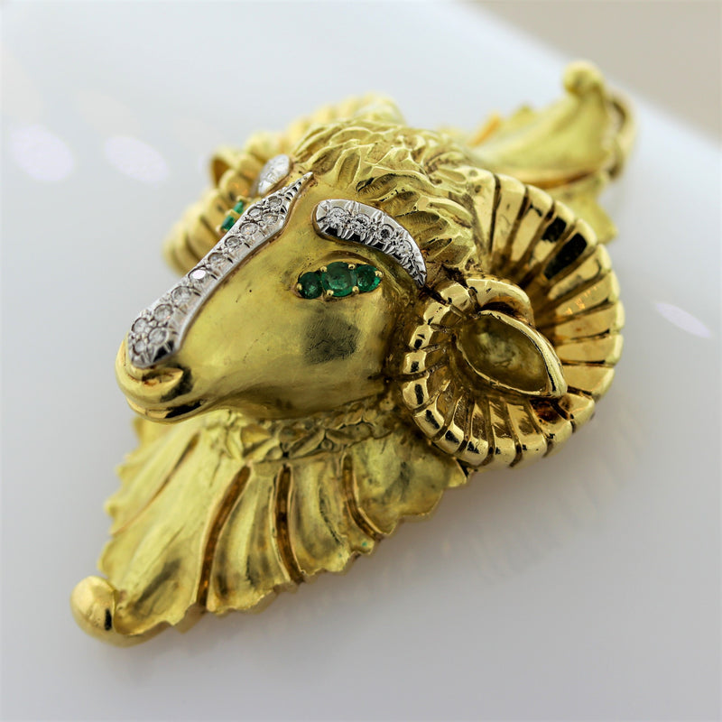 Hammerman Brothers Diamond Emerald Gold Rams Head Pendant-Brooch