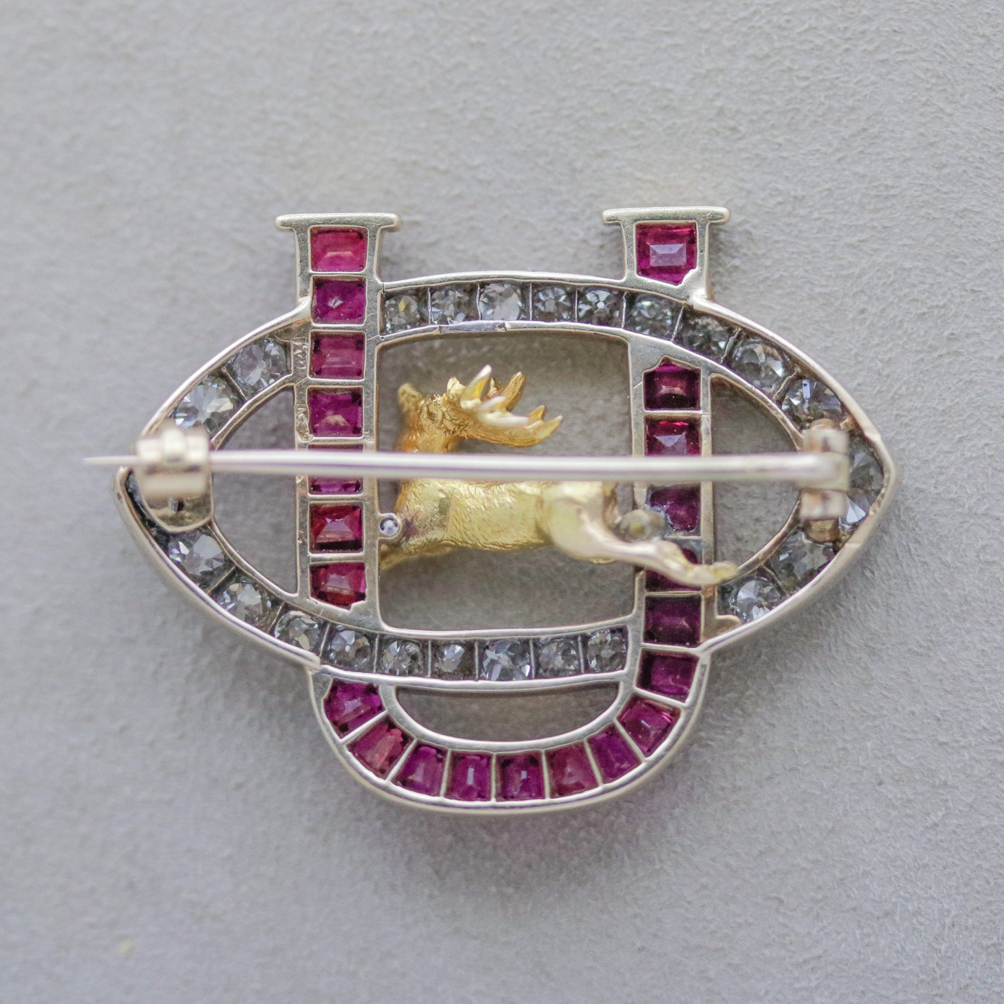 Antique Ruby Diamond Gold-Stag Brooch, Circa 1890