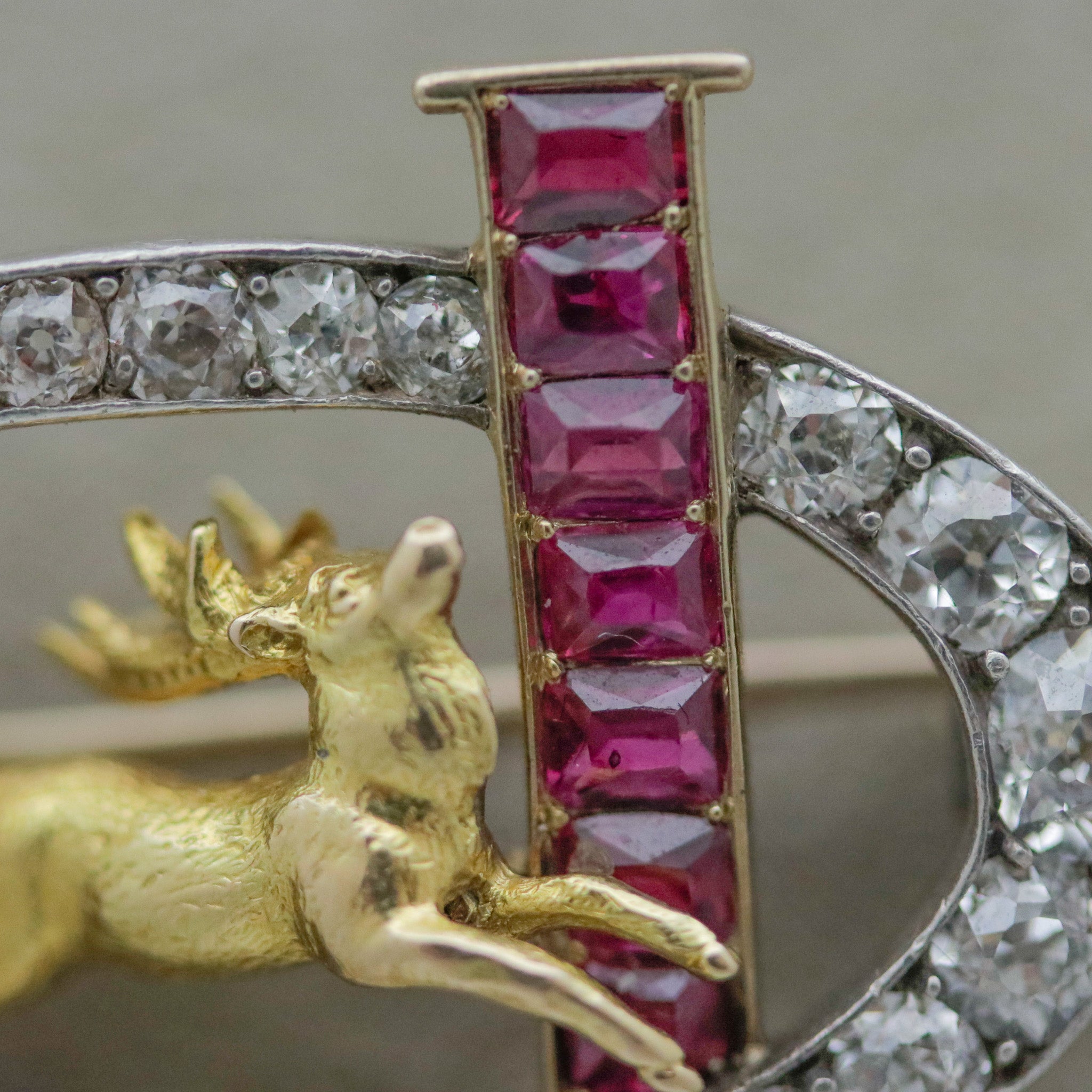 Antique Ruby Diamond Gold-Stag Brooch, Circa 1890