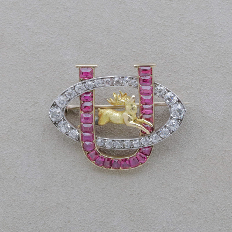 Antique Ruby Diamond Gold-Stag Brooch, Circa 1890
