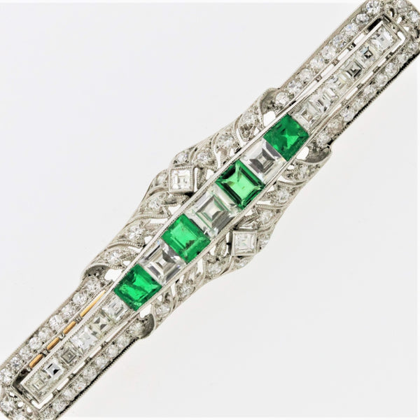 Art Deco Antique Diamond Emerald Platinum Pin Brooch