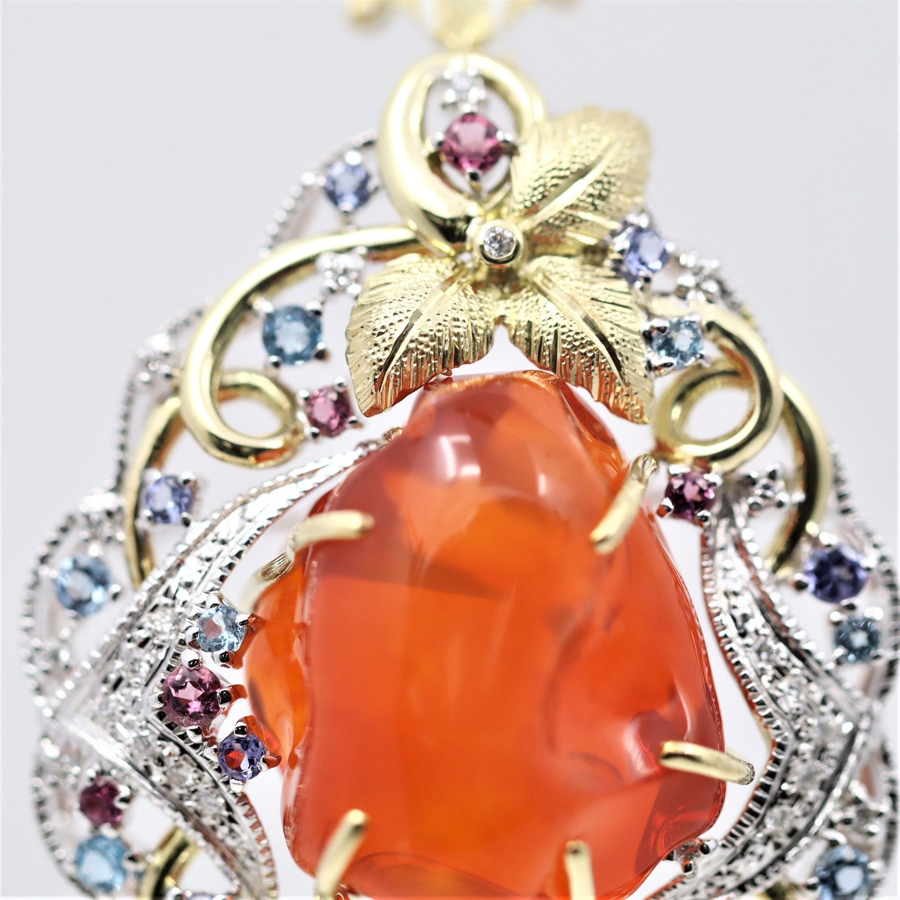 Mexican Fire Opal Diamond Multi-Color Gem Gold Pendant-Brooch