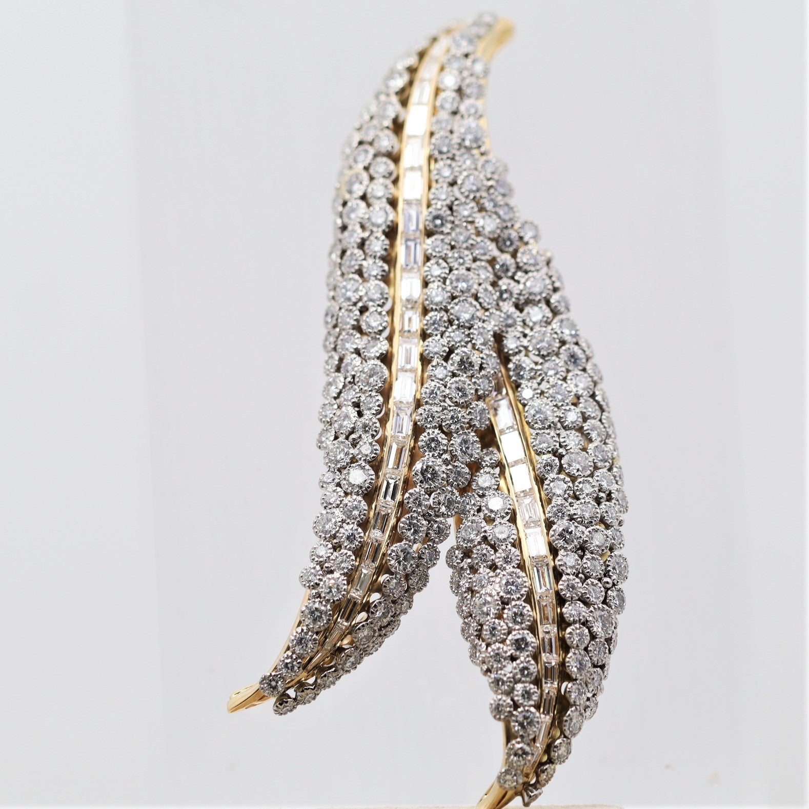 Antique-Style Diamond Double-Leaf Gold & Platinum Brooch