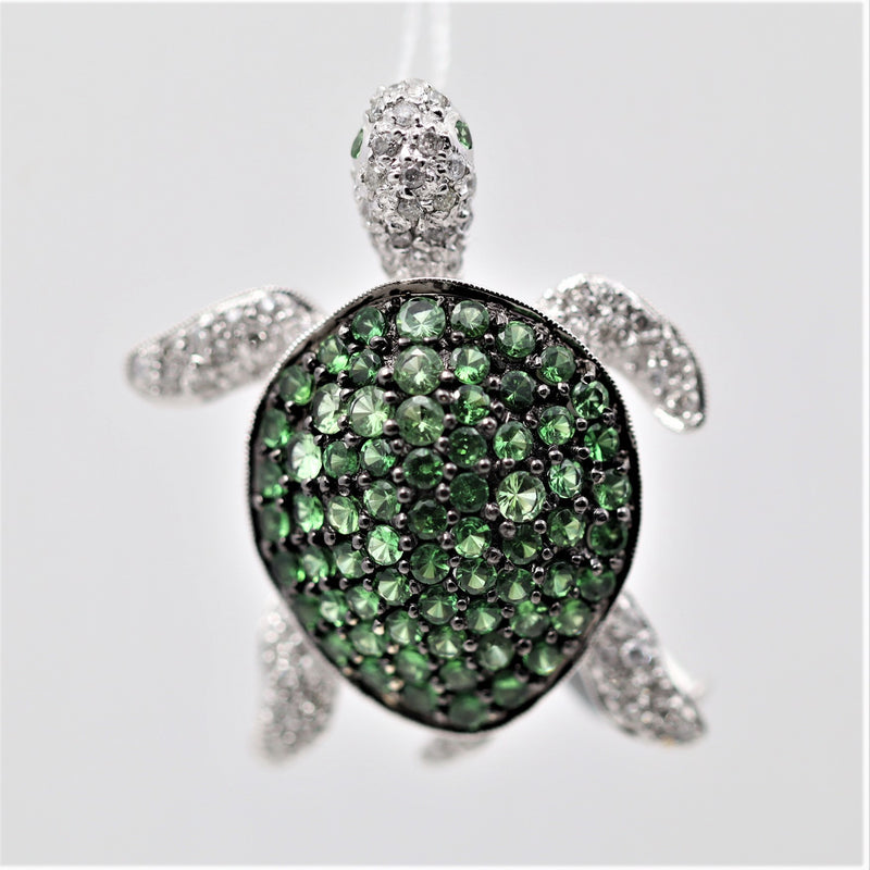 Tsavorite Garnet Diamond Gold Turtle Pendant Pin Brooch
