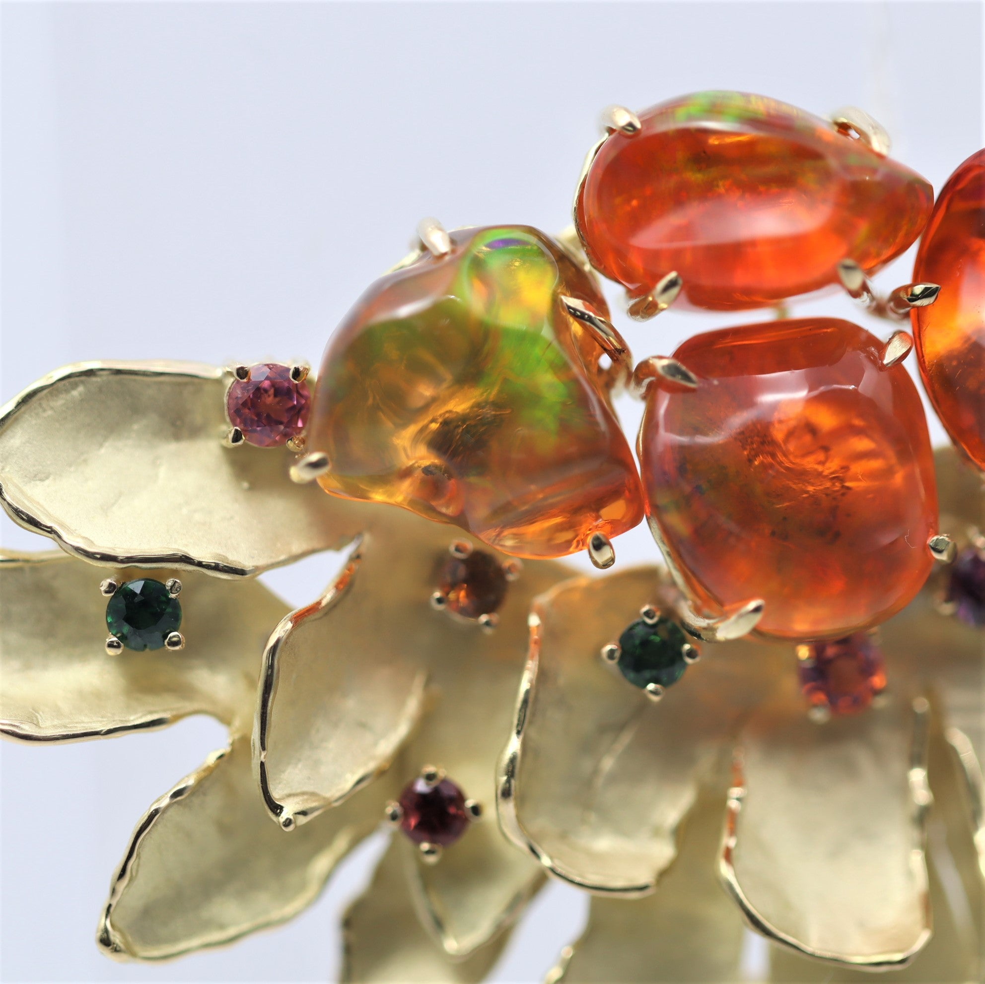 Fire Opal Multi-Color Sapphire Gold Sunrise Brooch