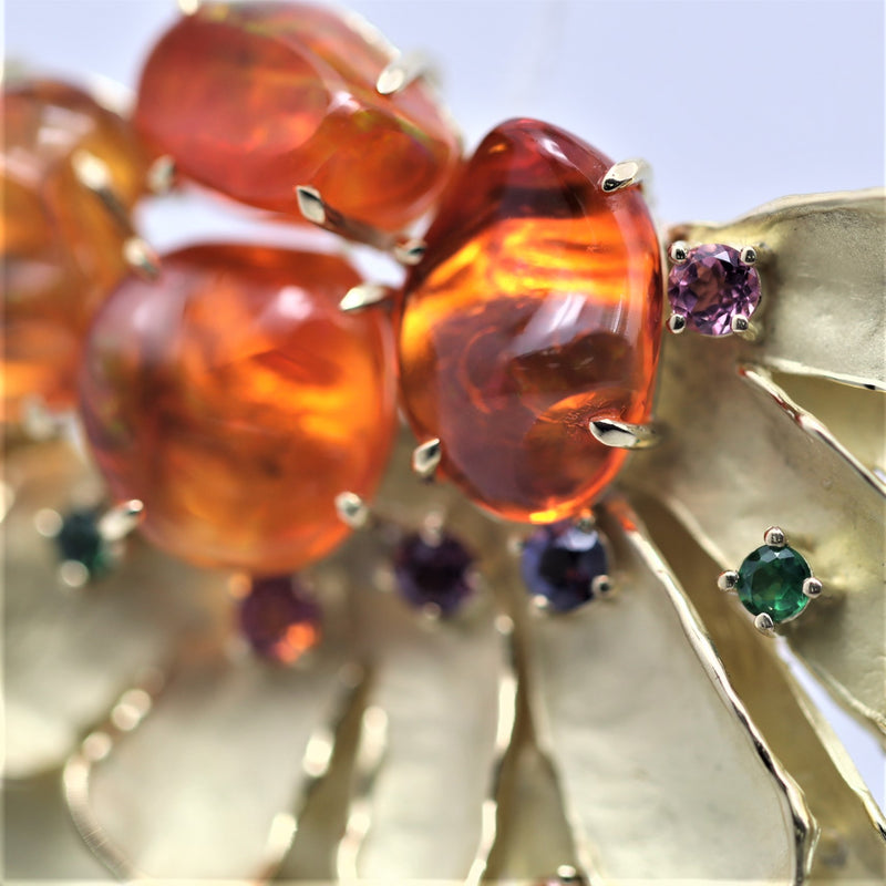 Fire Opal Multi-Color Sapphire Gold Sunrise Brooch