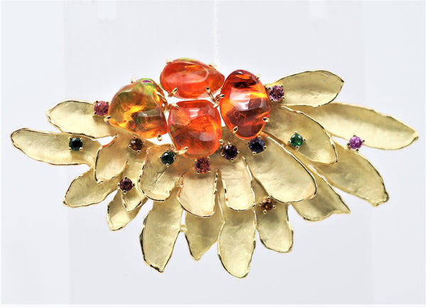 Fire Opal Multi-Color Sapphire Gold Sunrise Brooch