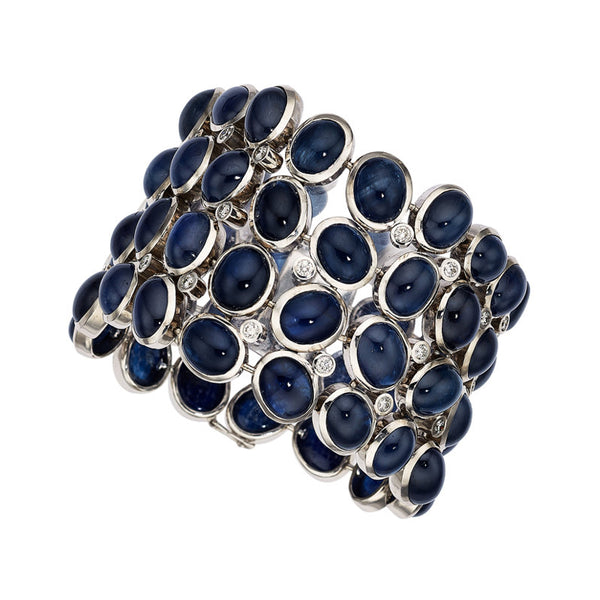 Large Cabochon Blue Sapphire Diamond Gold Bracelet