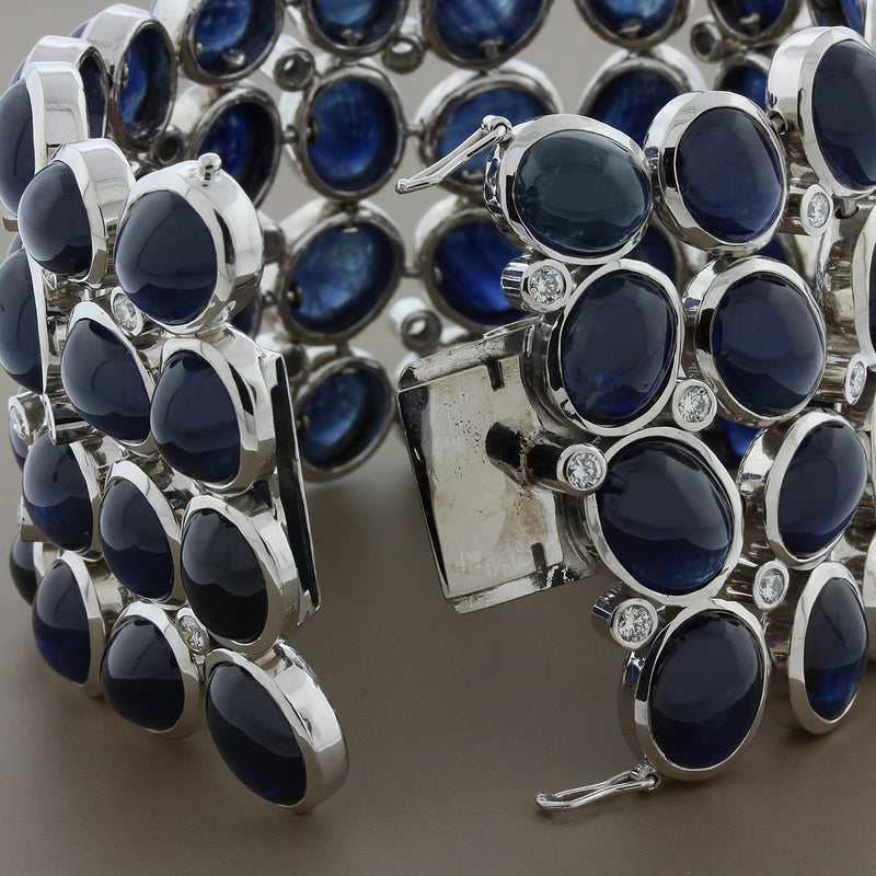 Large Cabochon Blue Sapphire Diamond Gold Bracelet