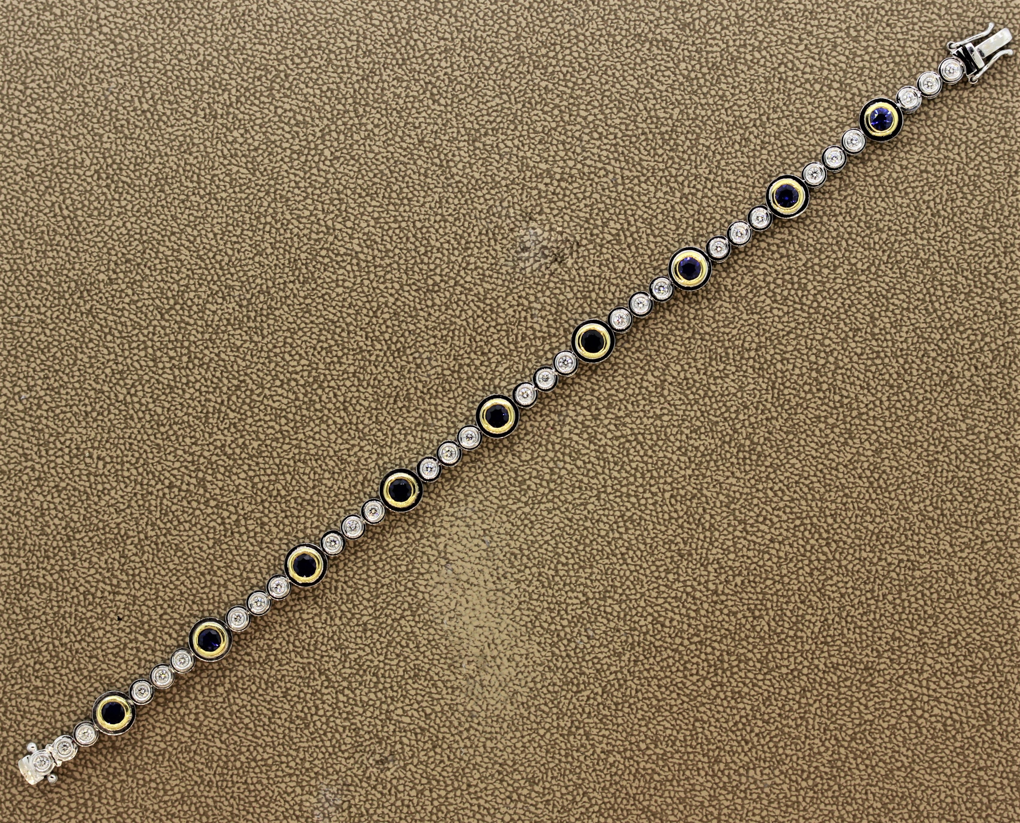 Modern Blue Sapphire Diamond Gold Tennis Bracelet