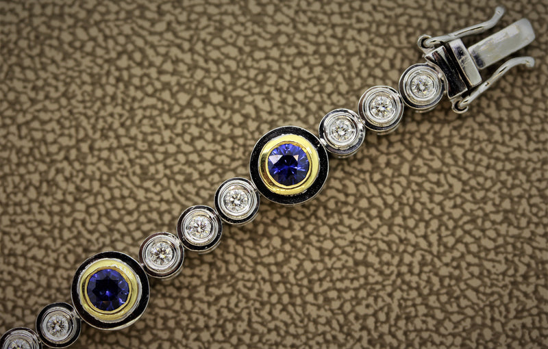Modern Blue Sapphire Diamond Gold Tennis Bracelet