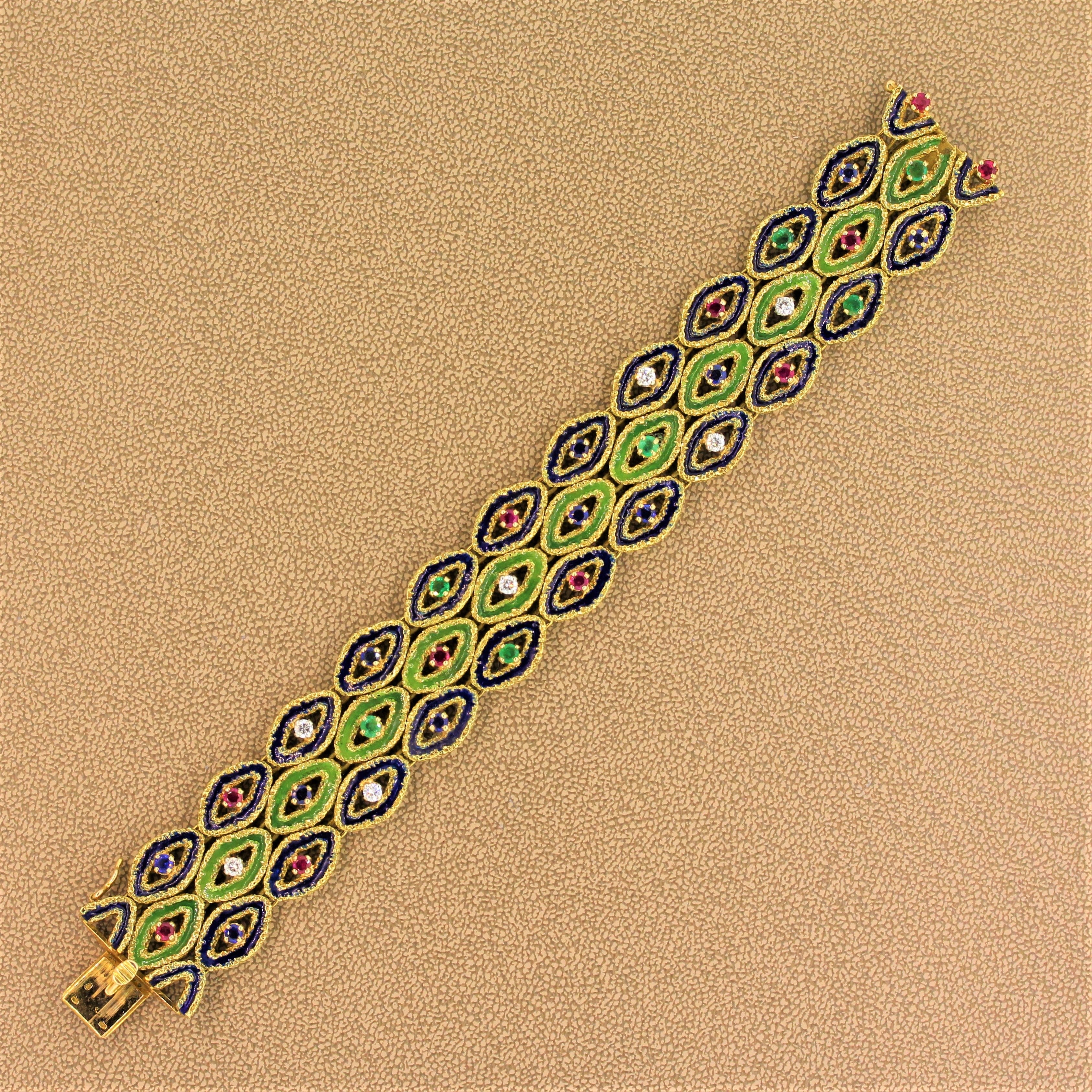 French Sapphire Ruby Emerald Diamond Enamel Gold Bracelet