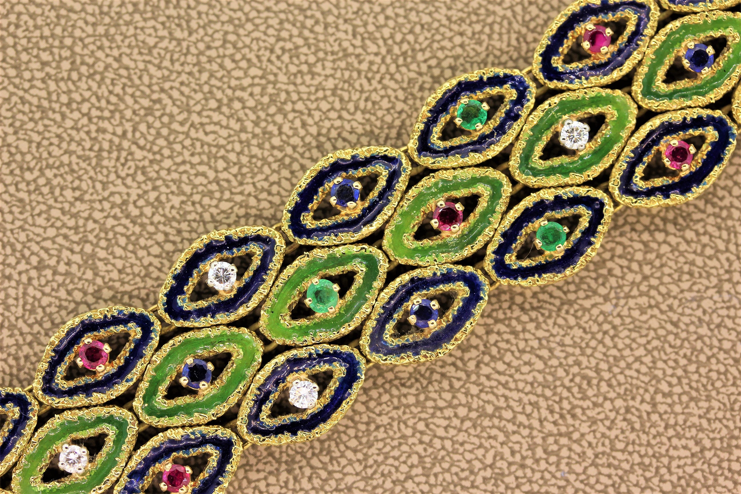 French Sapphire Ruby Emerald Diamond Enamel Gold Bracelet