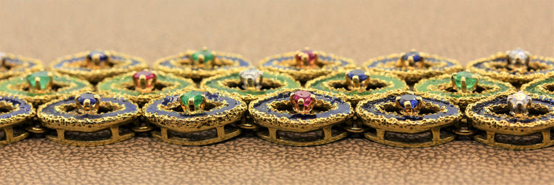 French Sapphire Ruby Emerald Diamond Enamel Gold Bracelet